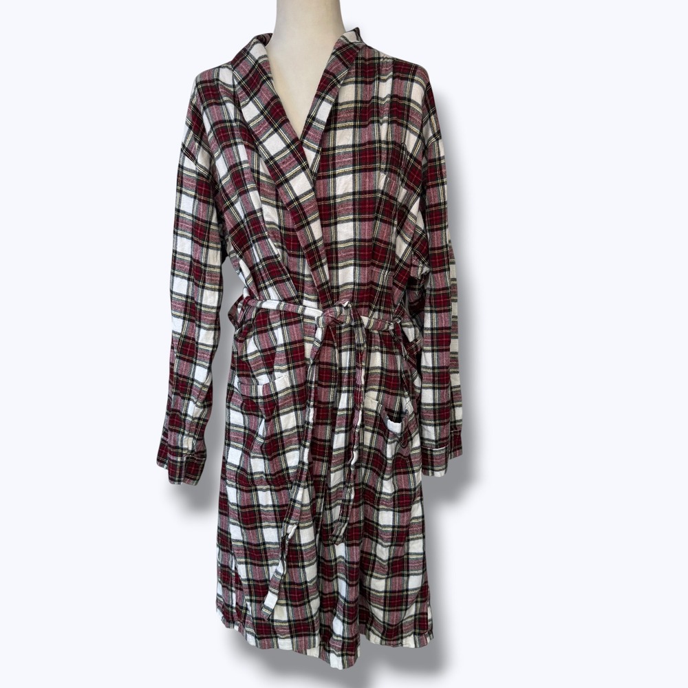 LL Bean Scotch Plaid Red White Flannel Robe Cotton Bathrobe Cozy Lounge Men's L